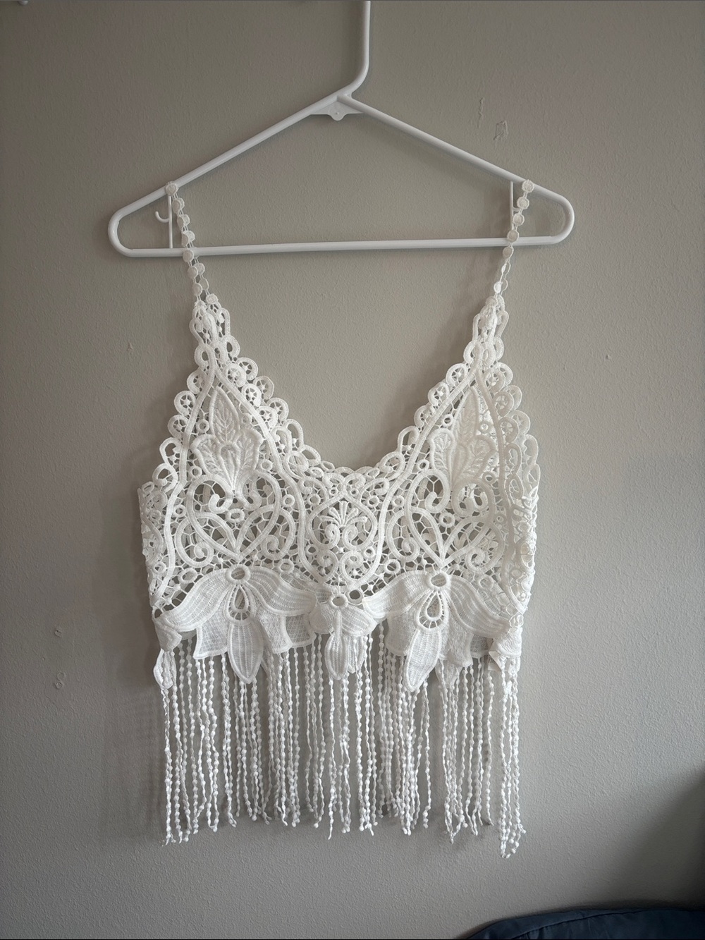 White Crochet Lace Fringe Crop Top